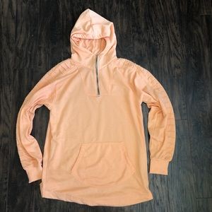 Pullover quarter zip up sweatshirt with hood.